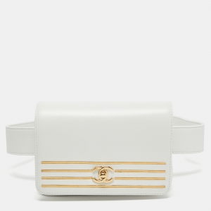 Pre Owned Chanel White Caviar Leather Captain Gold Waist Bag