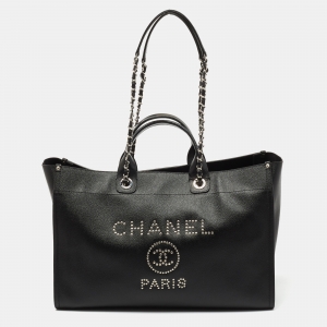 Pre Owned Chanel Black Caviar Studded Leather Large Deauville Shopping Tote