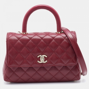 Pre Owned Chanel Burgundy Quilted Caviar Leather Small Coco Top Handle Bag