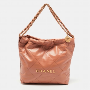 Pre Owned Chanel Brown Quilted Glossy Leather Drawstring 22 Hobo