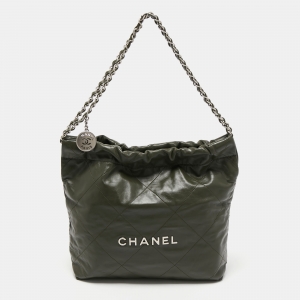 Pre Owned Chanel Fatigue Green Quilted Glossy Leather 22 Bag