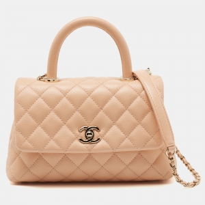 Pre Owned Chanel Peach Quilted Caviar Leather Small Coco Top Handle Bag
