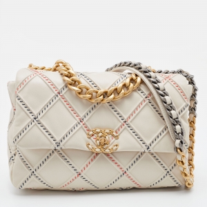 Pre Owned Chanel Beige Quilted Stitch Leather Large19 Flap Bag