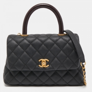 Chanel Black/Burgundy Quilted Caviar Leather Mini Coco Top Handle Bag