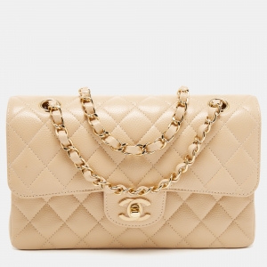 Chanel Light Beige Quilted Caviar Leather Small Classic Double Flap Bag