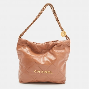 Chanel Tan Quilted Glossy Leather Drawstring 22 Bag