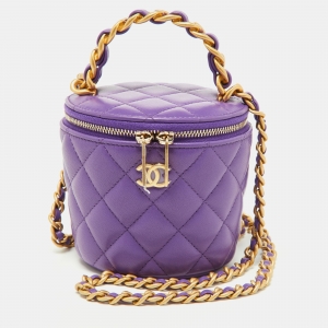 Pre Owned Chanel Purple Quilted Leather Small Vanity Case Top Handle Bag