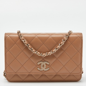 مملوكة مسبقًا Chanel Beige Quilted Caviar Leather Chain CC Wallet on Chain