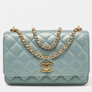 Chanel Pearl Light Green Quilted Leather Wallet on Chain 