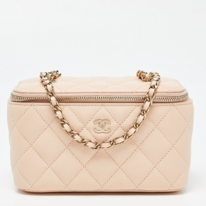 Pre Owned Chanel Beige Quilted Caviar Leather Vanity Case Chain Bag