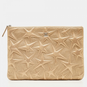 Pre Owned Chanel Gold Star Embossed Leather O Case Medium Quilted Boy Clutch Bag 
