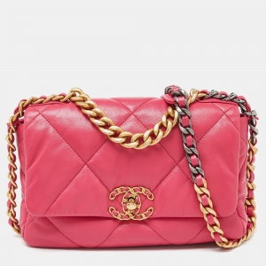 Pre Owned Chanel Pink Quilted Leather Medium 19 Flap Top Handle Bag