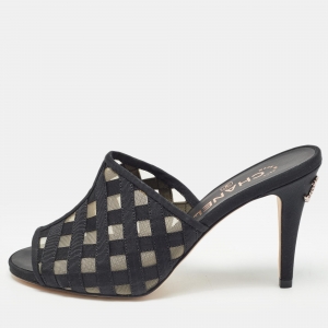 Chanel Black Mesh and Grosgrain CC Mules Size 37