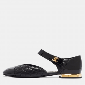 Pre Owned Chanel Black Patent and Leather CC Mary Jane Flats Size 37