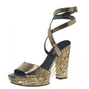 Chanel Metallic Gold Python Ankle Strap Platform Sandals Size 41