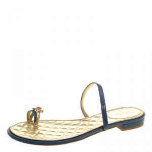 Chanel Blue Leather Enamel Embellished Toe Ring Flat Sandals Size 38.5