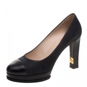 Pre Owned حذاء كعب عالي شانيل نعل سميك مزخرف غطاء مقدمة جلد وسويدي أسود مقاس 41