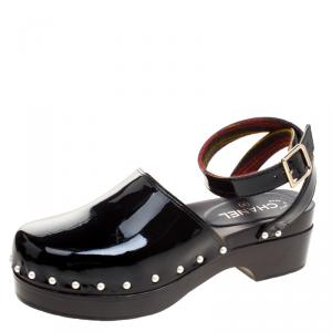 Chanel Black Patent Leather Faux Pearls Ankle Wrap Clogs Size 41