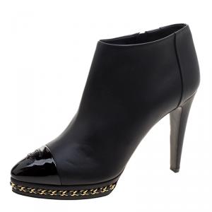 Chanel Black Leather CC Chain Link Ankle Booties Size 39.5