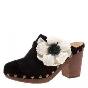 Chanel Black Suede Camellia Embellished Wooden Clogs Size 41