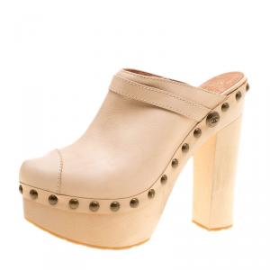 Chanel Beige Leather Studded Wood Platform Mules Size 39.5