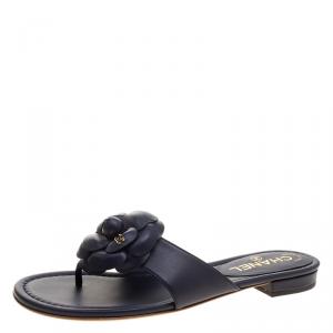 Chanel Navy Blue Leather CC Camellia Flower Flat Thong Sandals Size 38