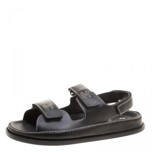 Chanel Black Leather CC Velcro Flat Sandals Size 37.5