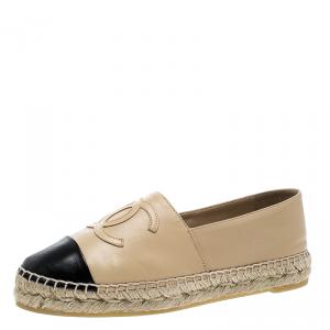 Pre Owned Chanel Beige/Black Leather CC Espadrilles Size 37