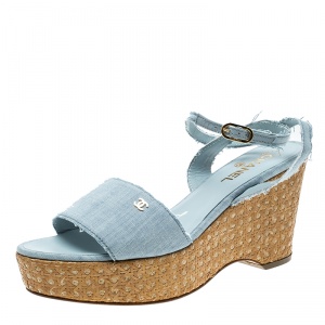 Chanel Powder Blue Canvas CC Wedge Sandals Size 41