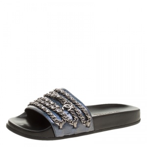 Chanel Dark Blue Glitter Finish Leather Tropiconic Chain Detail Slides Size 37