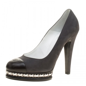 Pre Owned حذاء كعب عالي شانيل جلد أسود مقدمة CC بسلسلة مزينة نعل سميك مقاس 40