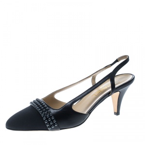 Chanel Black Leather and Fabric Sling Back Sandals Size 40