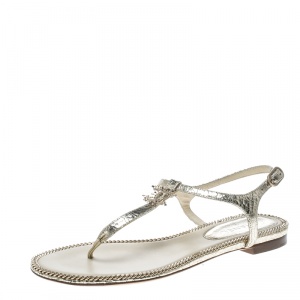 Chanel Metallic Gold Crackled Leather Chain Trim CC Flat Thong Sandals Size 37.5