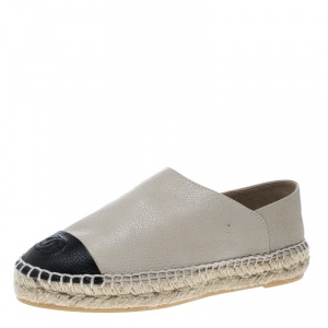 Pre Owned Chanel Beige/Black Leather CC Espadrilles Size 37