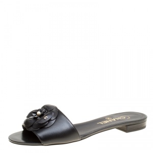 Chanel Black Leather Camellia Embellished Flat Slides Size 38.5
