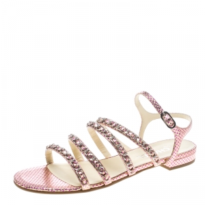 Chanel Metallic Pink Polka Dot Print Leather Chain Detail Ankle Strap Flat Sandals Size 41