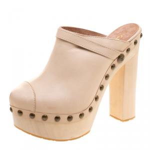 Chanel Beige Leather Studded Wood Platform Mules Size 40