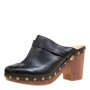 Chanel Black Leather Studded Wood Platform Mules Size 42