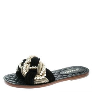 Chanel Two Tone Rope With Faux Pearls Cuba Slide Sandals Size 42