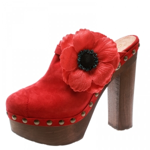 Chanel Red Suede Camellia Embellished Wooden Clogs Size 40