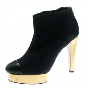 Chanel Oxford Blue Suede With Black Leather Cap Toe Platform Ankle Boots Size 38.5