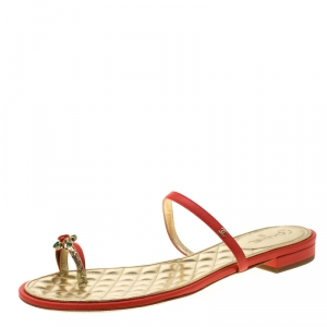 Chanel Orange Leather Enamel Embellished Toe Ring CC Flat Sandals Size 40
