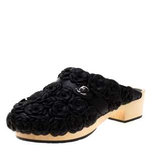 Chanel Black Leather CC Turnlock Camellia Wood Platform Mules Size 39.5
