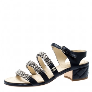 Chanel Navy Blue Leather Reissue Chain Detail Quilted Heel Ankle Strap Sandals Size 37.5