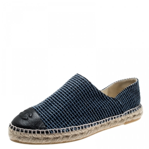 Pre Owned Chanel Blue Tweed And Black Leather CC Espadrilles Size 41