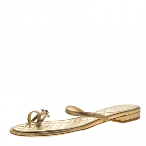 Chanel Metallic Gold Leather Enamel Embellished Toe Ring Flat Sandals Size 40