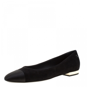 Pre Owned Chanel Black Suede And Satin CC Ballet Flats Size 39