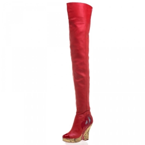 Chanel Red Leather Metallic Gold Brocade Wedge Thigh High Boots Size 39.5