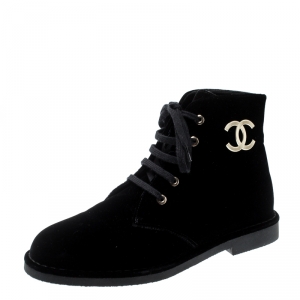 Chanel Black Velet CC Desert Ankle Boots Size 38