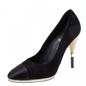 Pre Owned Chanel Black Suede And Satin Cap Toe CC Pumps Size 40.5